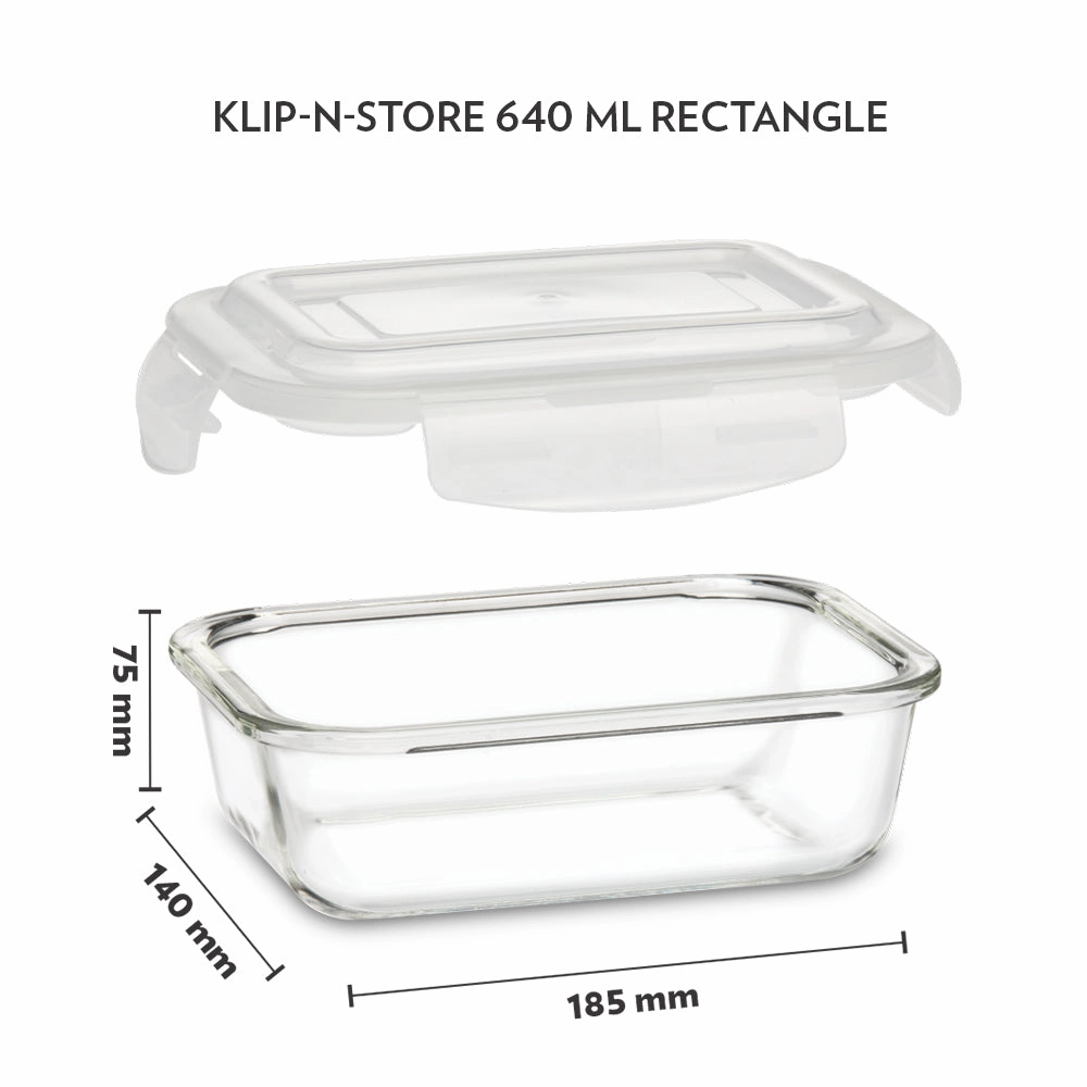 Borosil Klip n Store Rectangular Glass Container, 640 ml