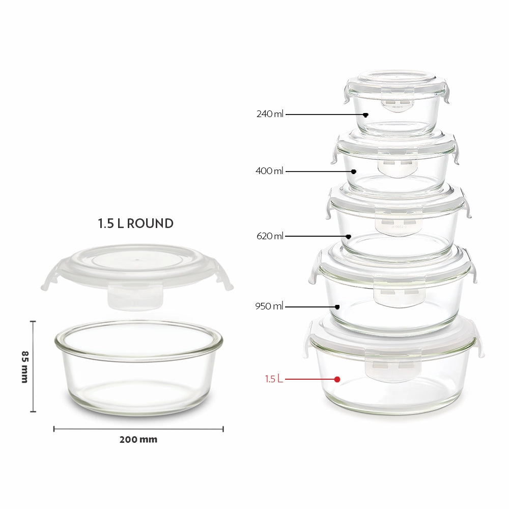 Borosil Klip n Store Round Glass Container, 1.5 L
