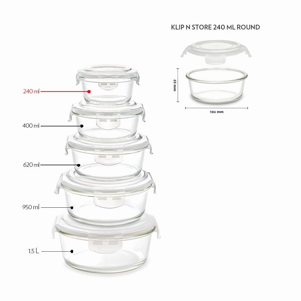 Borosil Klip n Store Round Glass Container, 240 ml