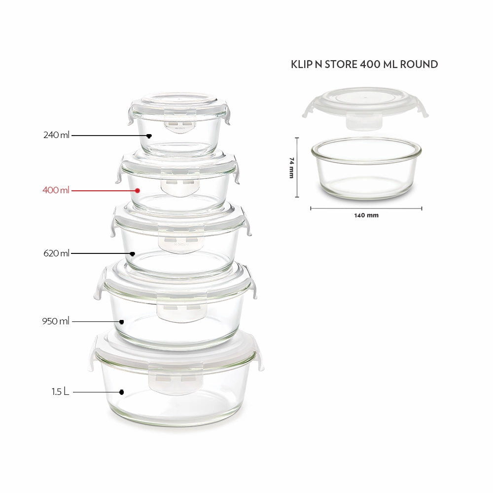 Borosil Klip n Store Round Glass Container, 400 ml