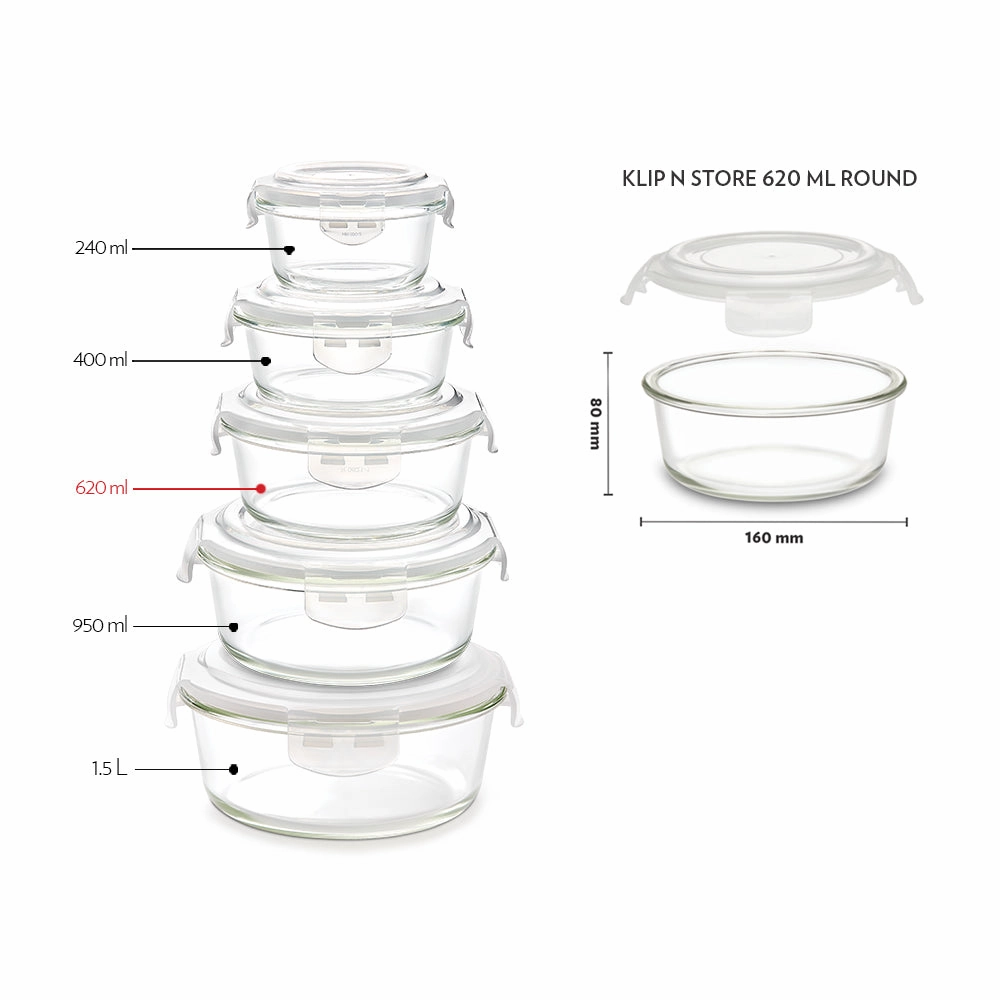 Borosil Klip n Store Round Glass Container, 620 ml