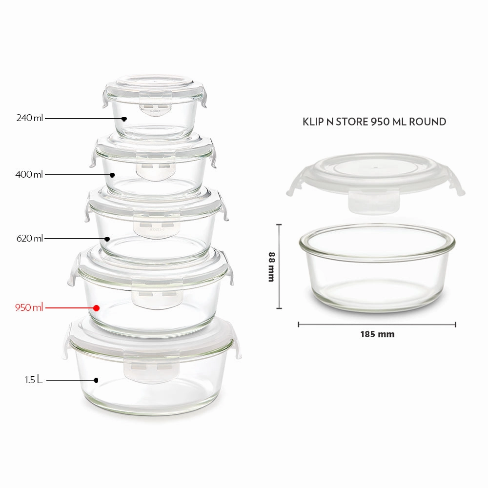Borosil Klip n Store Round Glass Container, 950 ml