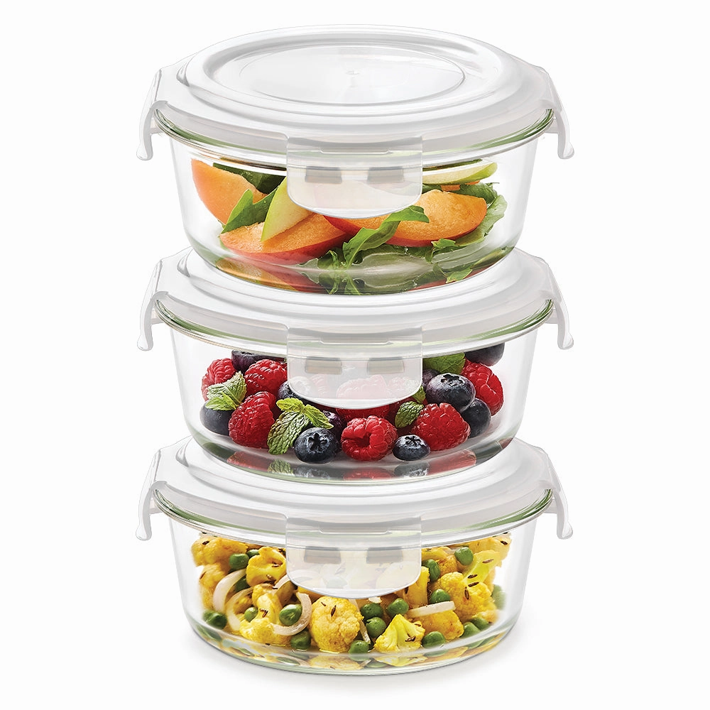 Borosil Klip n Store Round Glass Container, 950 ml - Set of 3 food storage,storage containers,kitchen storage