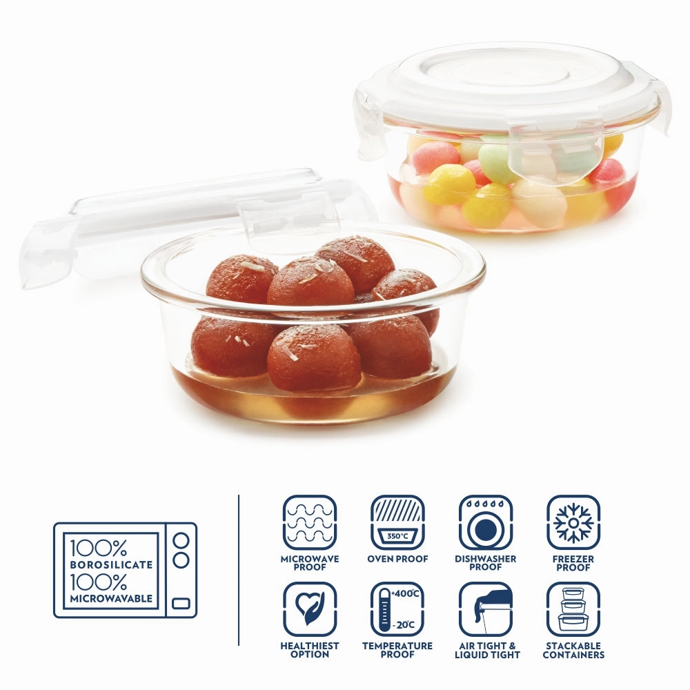 Borosil Klip n Store Round Set of 2 Glass Container, 400 ml x 2