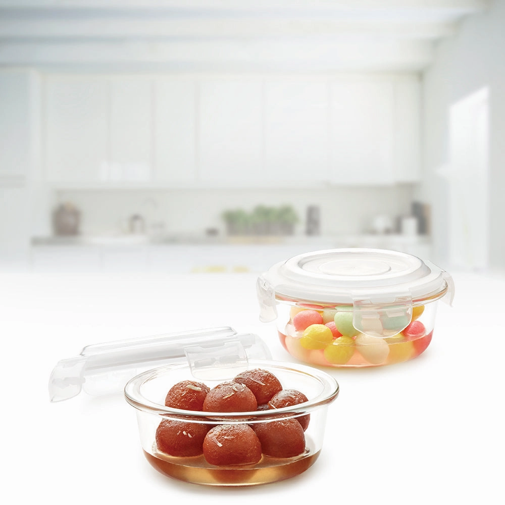 Borosil Klip n Store Round Set of 2 Glass Container, 400 ml x 2 food storage,storage containers,kitchen storage