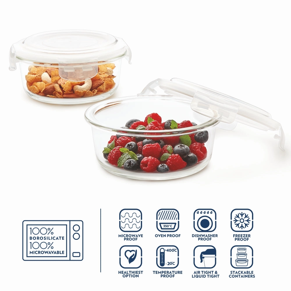 Borosil Klip n Store Round Set of 2 Glass Container, 620 ml x 2