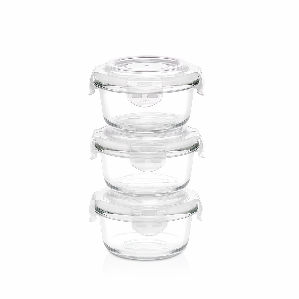 Borosil Klip n Store Round Set of 3 Glass Container, 240 ml x 3