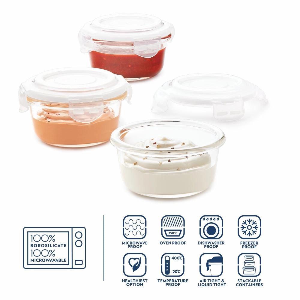 Borosil Klip n Store Round Set of 3 Glass Container, 240 ml x 3