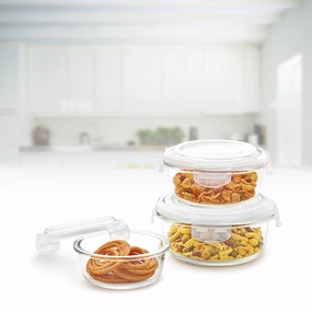 Borosil Klip n Store Round Set of 3 Glass Container, 400 ml   620 ml   950 ml food storage,storage containers,kitchen storage