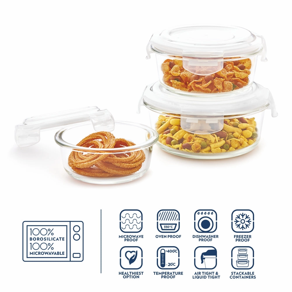 Borosil Klip n Store Round Set of 3 Glass Container, 400 ml   620 ml   950 ml