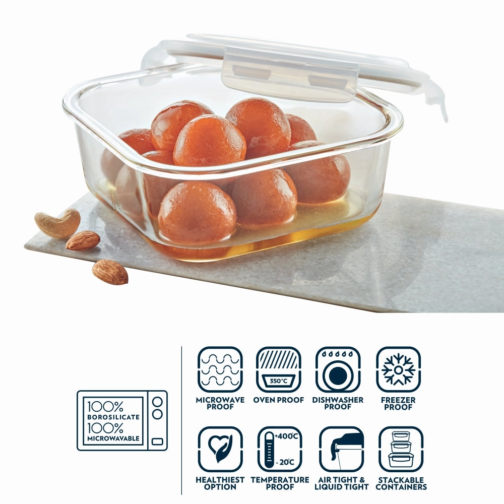 Borosil Klip n Store Square Glass Container, 1 L