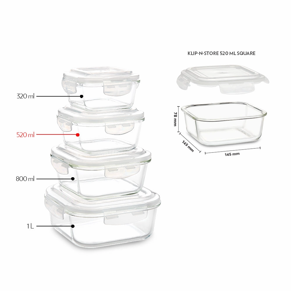 Borosil Klip n Store Square Glass Container, 520 ml