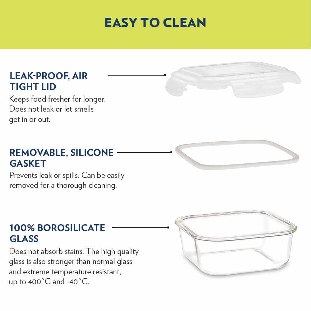 Borosil Klip n Store Square Glass Container, 800 ml