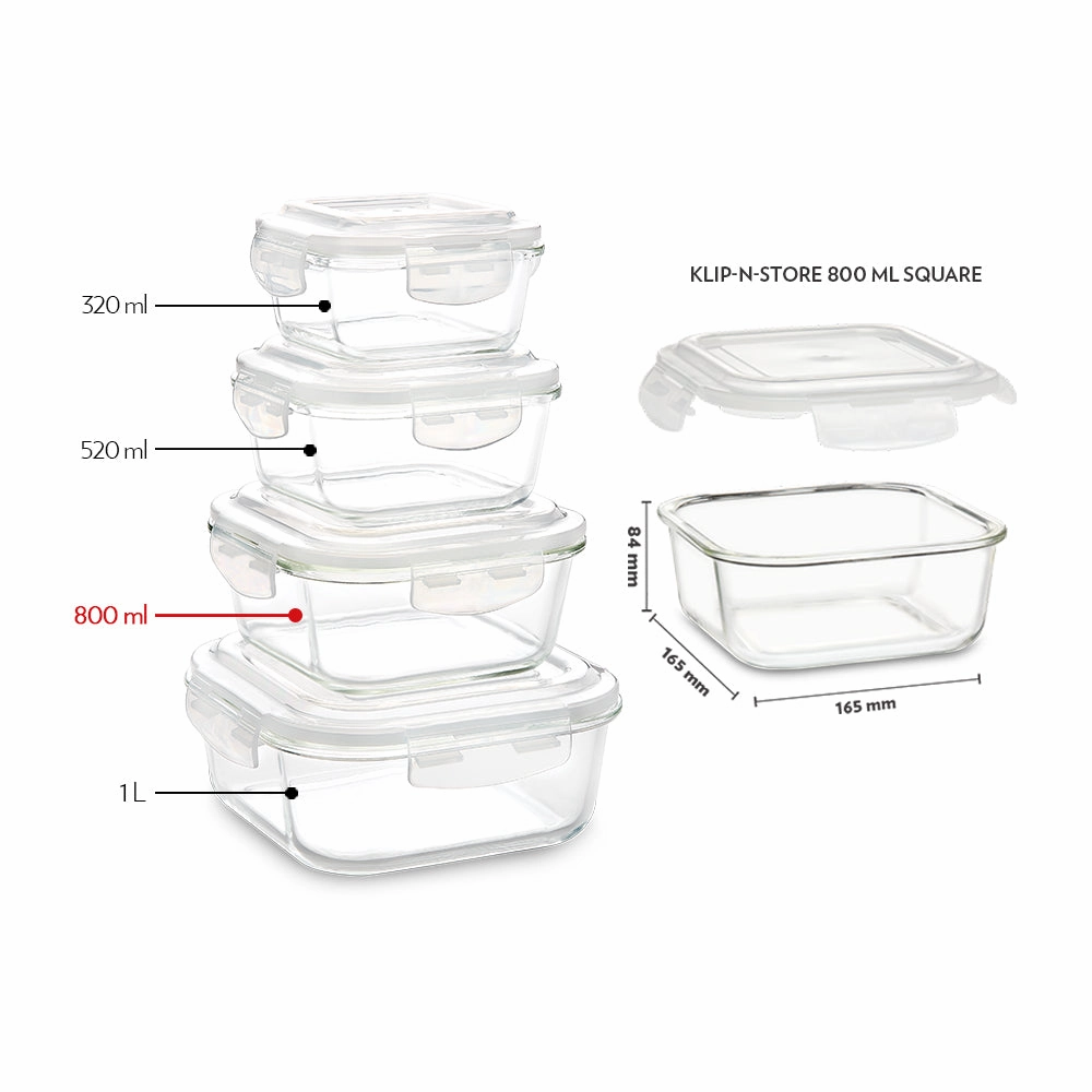 Borosil Klip n Store Square Glass Container, 800 ml