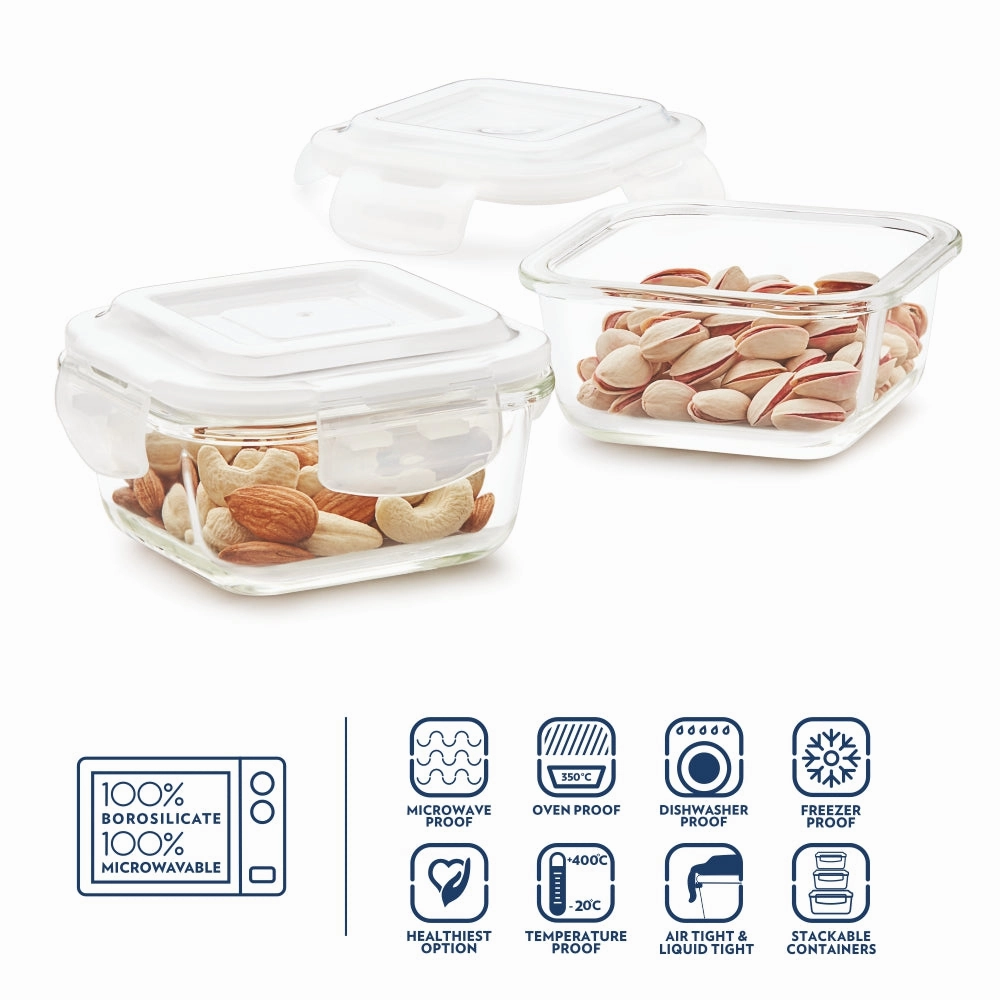 Borosil Klip n Store Square Set of 2 Glass Container, 320 ml x 2
