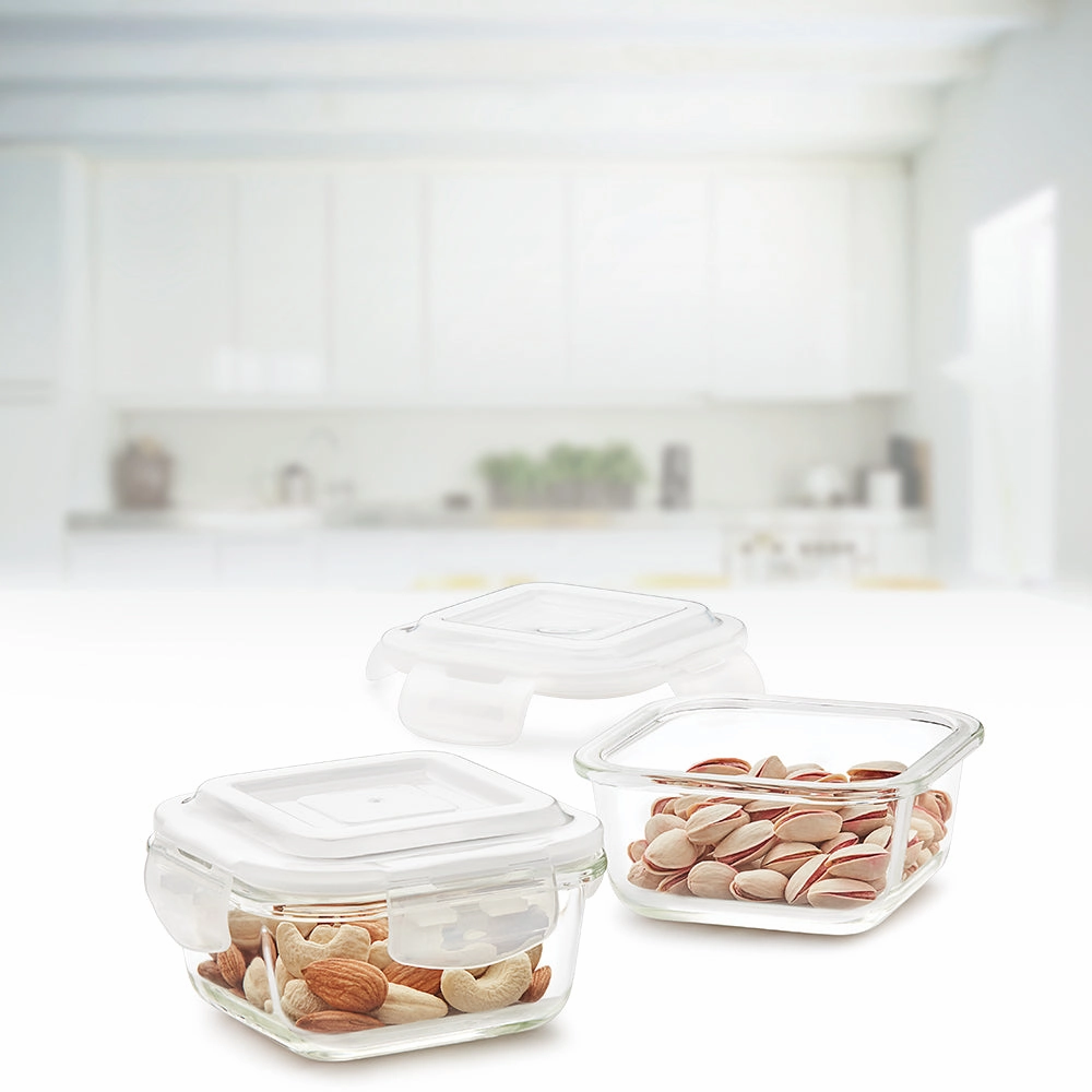 Borosil Klip n Store Square Set of 2 Glass Container, 320 ml x 2 food storage,storage containers,kitchen storage