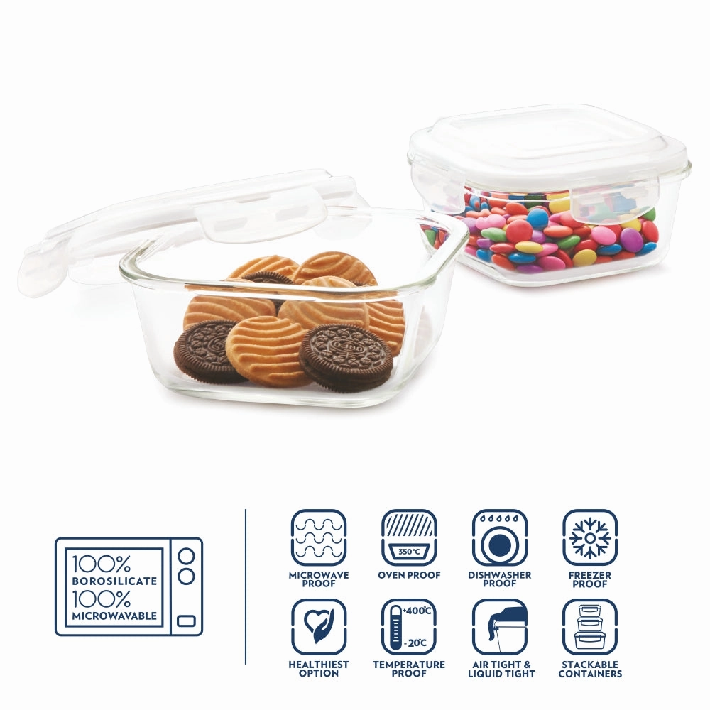 Borosil Klip n Store Square Set of 2 Glass Container, 520 ml   800 ml