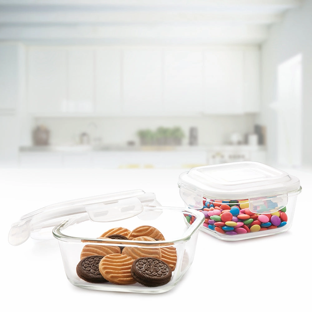 Borosil Klip n Store Square Set of 2 Glass Container, 520 ml   800 ml food storage,storage containers,kitchen storage