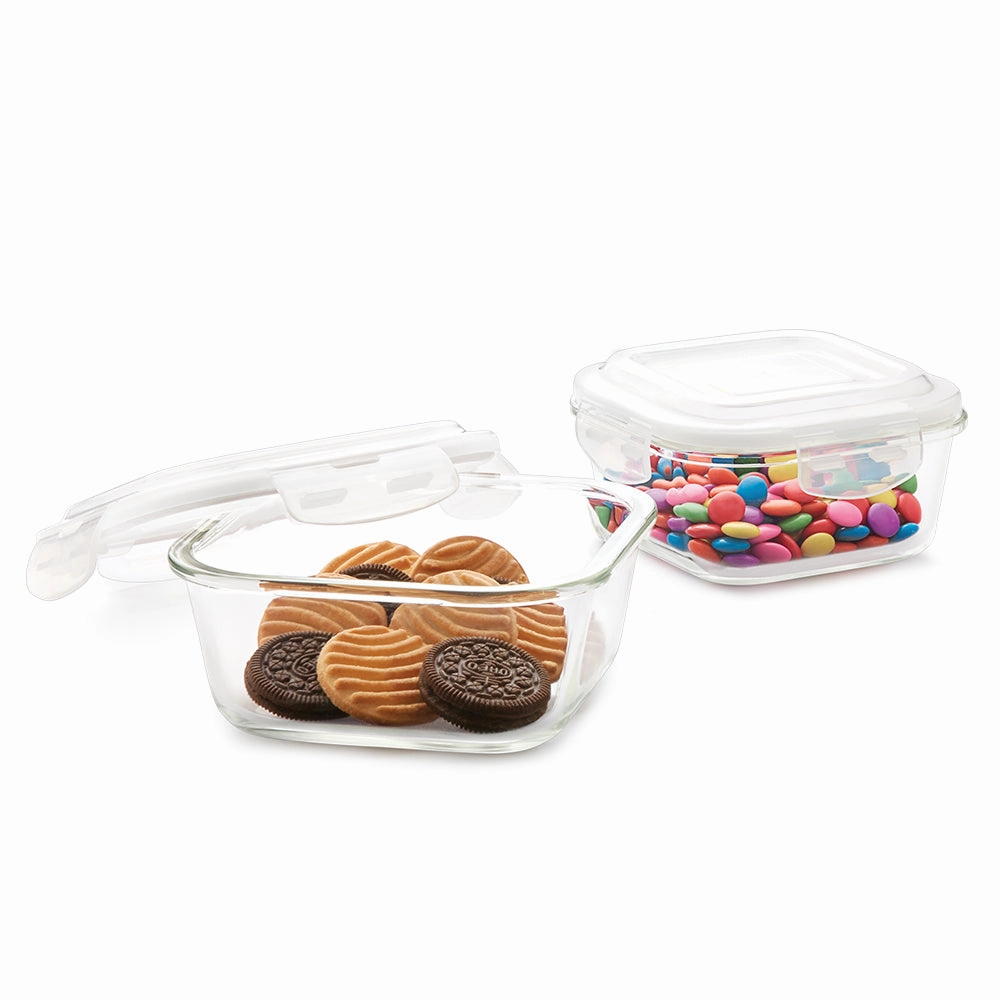 Borosil Klip n Store Square Set of 2 Glass Container, 520 ml   800 ml