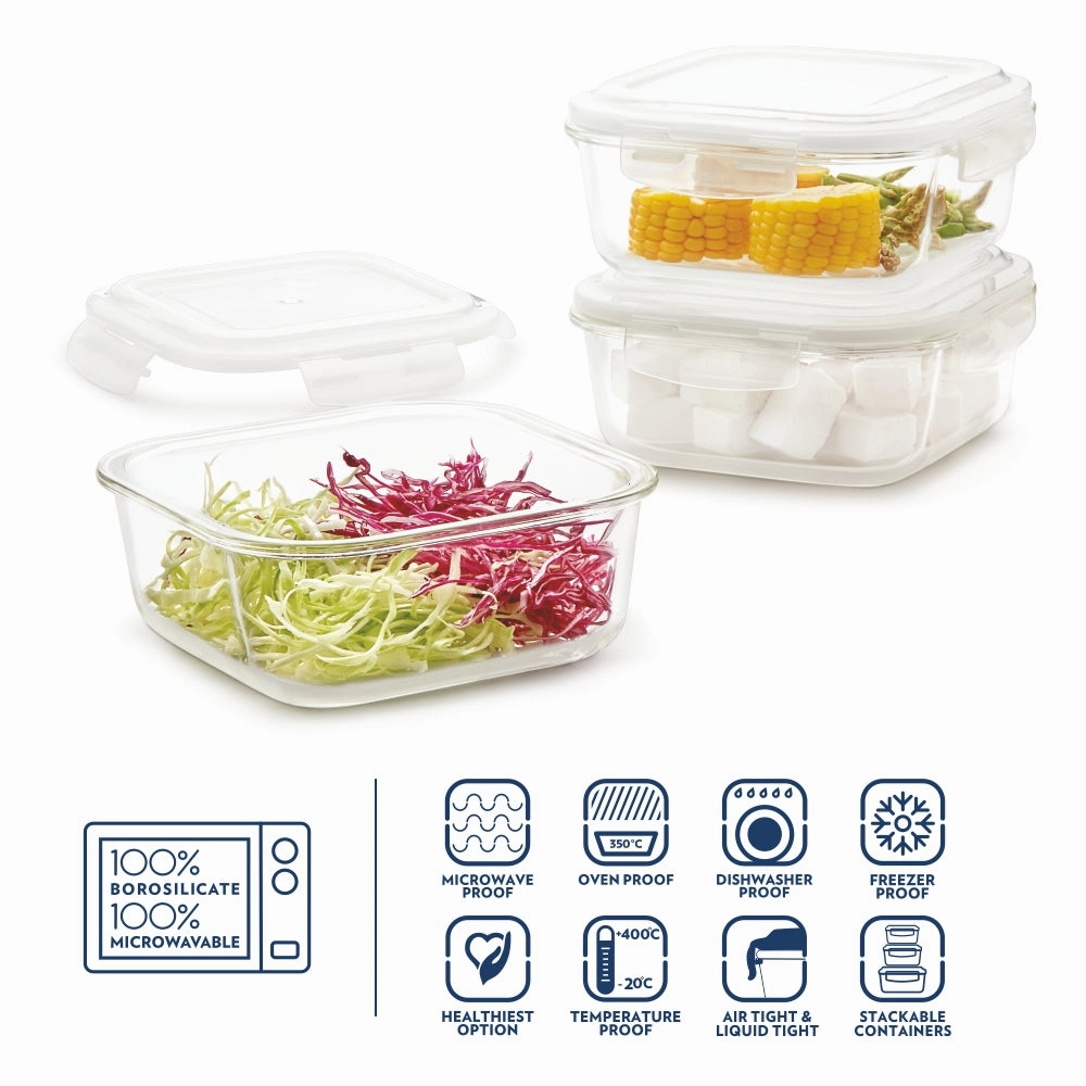 Borosil Klip n Store Square Set of 3 Glass Container, 1L x 3