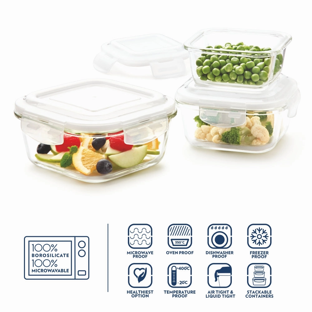 Borosil Klip n Store Square Set of 3 Glass Container, 320 ml   520 ml   800 ml