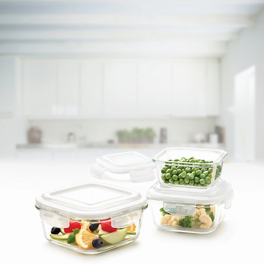 Borosil Klip n Store Square Set of 3 Glass Container, 320 ml   520 ml   800 ml food storage,storage containers,kitchen storage