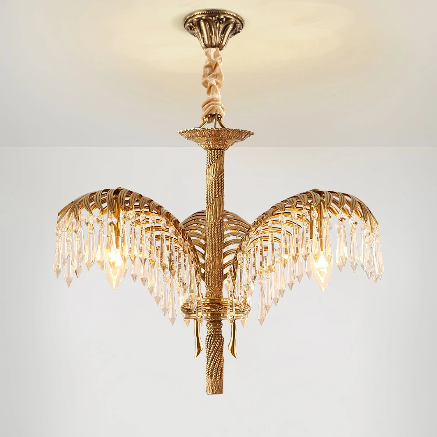 Brass Palm Leaf Crystal Chandelier
