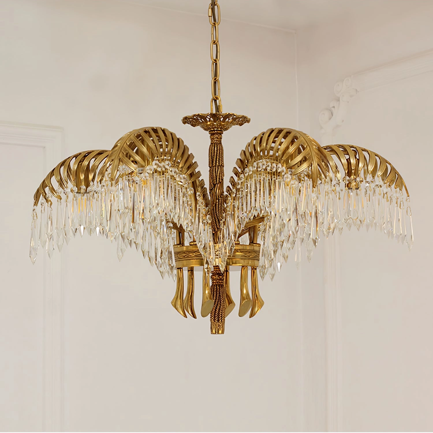Brass Palm Leaf Crystal Chandelier
