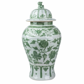 Celadon Green Carved Floral Porcelain Temple Jar with Lion Lid vase,flower vase,home decoration