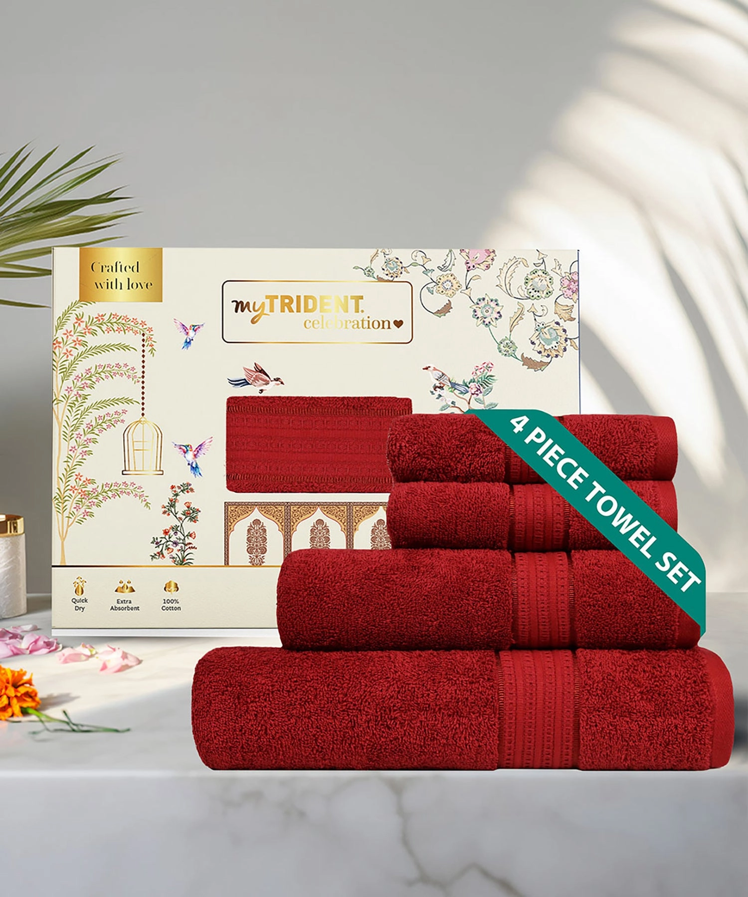 Celebration Lovely Red 4Pc Set Towel Gift Set, 450 Gsm, 100% Cotton, Solid