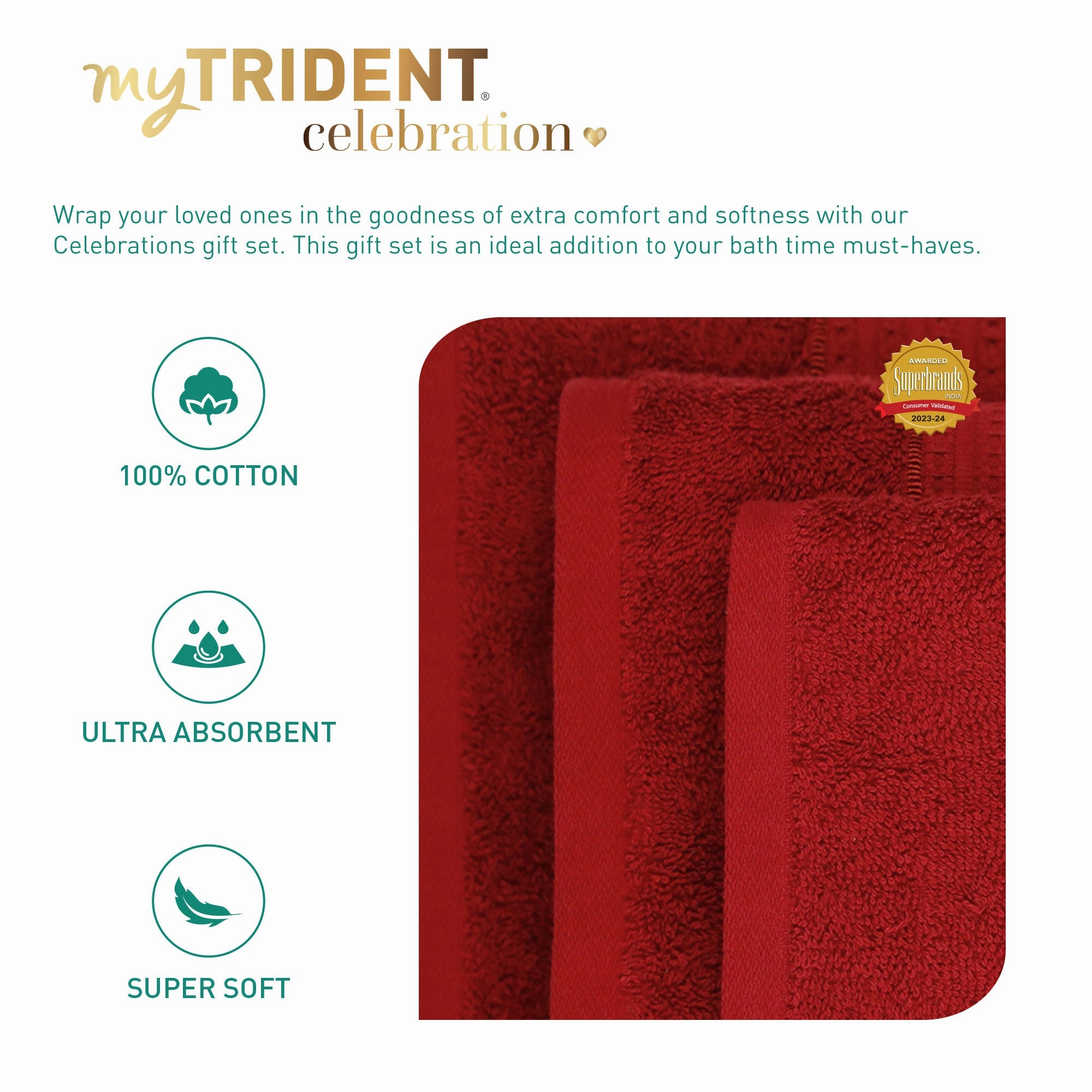 Celebration Lovely Red 4Pc Set Towel Gift Set, 450 Gsm, 100% Cotton, Solid