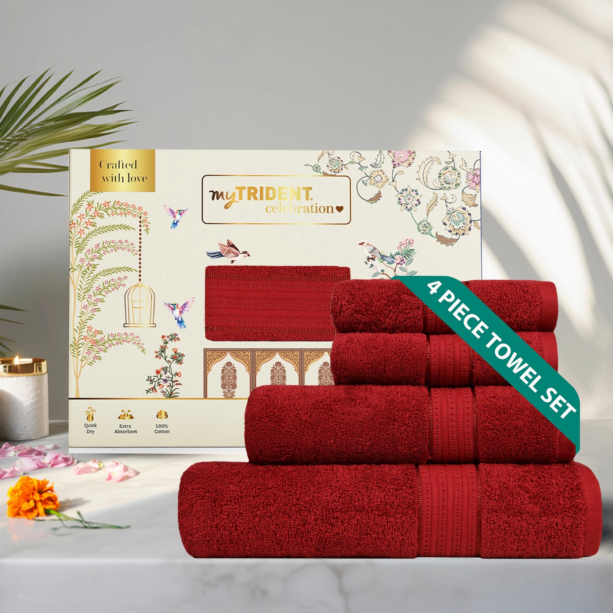 Celebration Lovely Red 4Pc Set Towel Gift Set, 450 Gsm, 100% Cotton, Solid