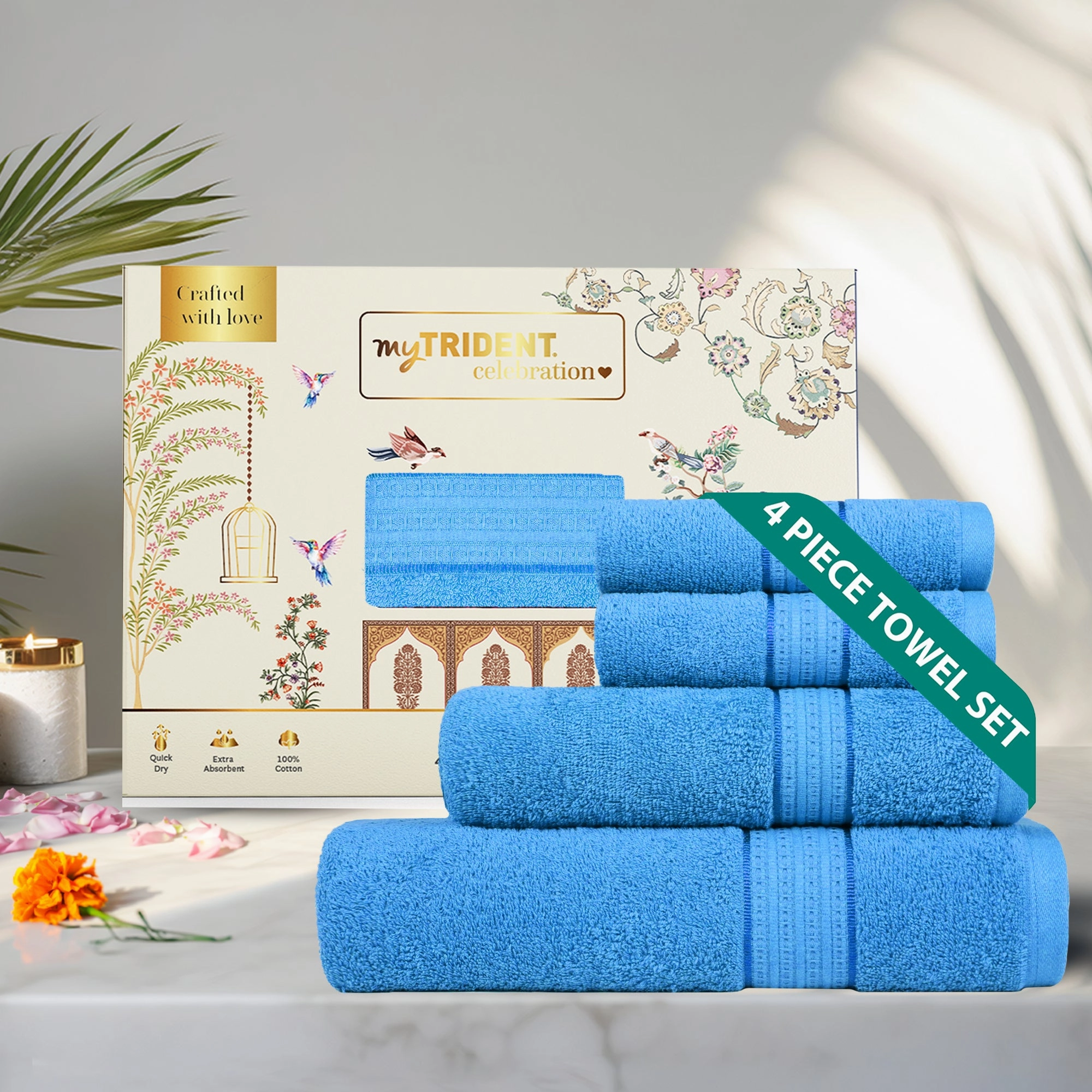 Celebration Perfect Blue 4Pc Set Towel Gift Set, 450 Gsm, 100% Cotton, Solid