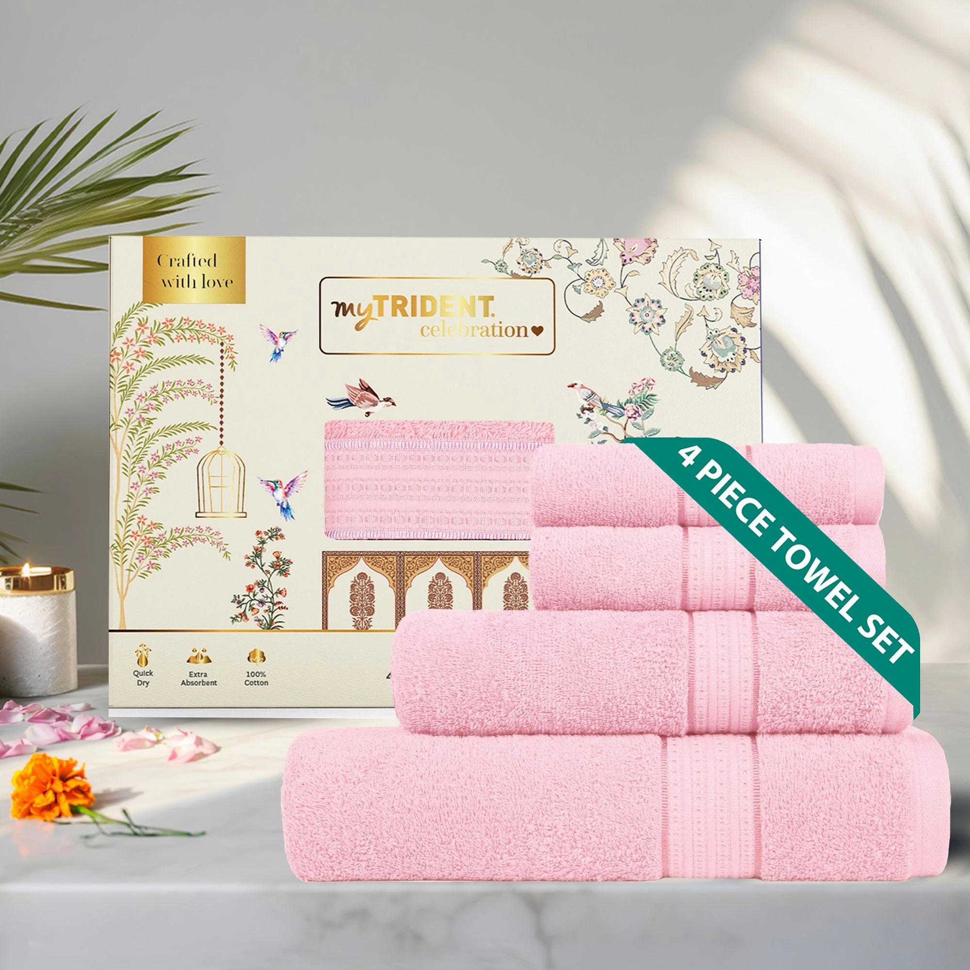 Celebration Powder Pink 4Pc Set Towel Gift Set, 450 Gsm, 100% Cotton, Solid