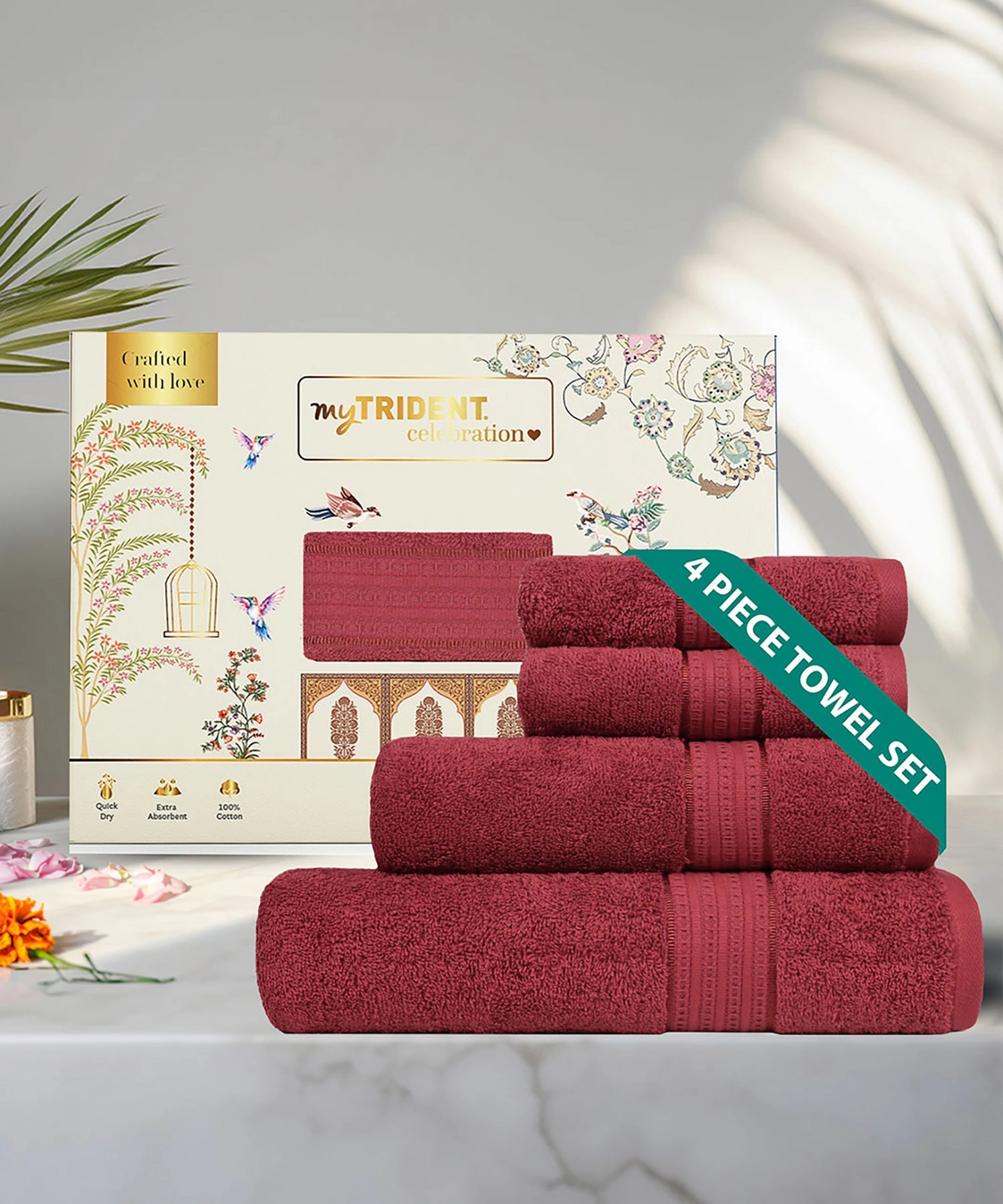 Celebration Red Wine 4Pc Set Towel Gift Set, 450 Gsm, 100% Cotton, Solid