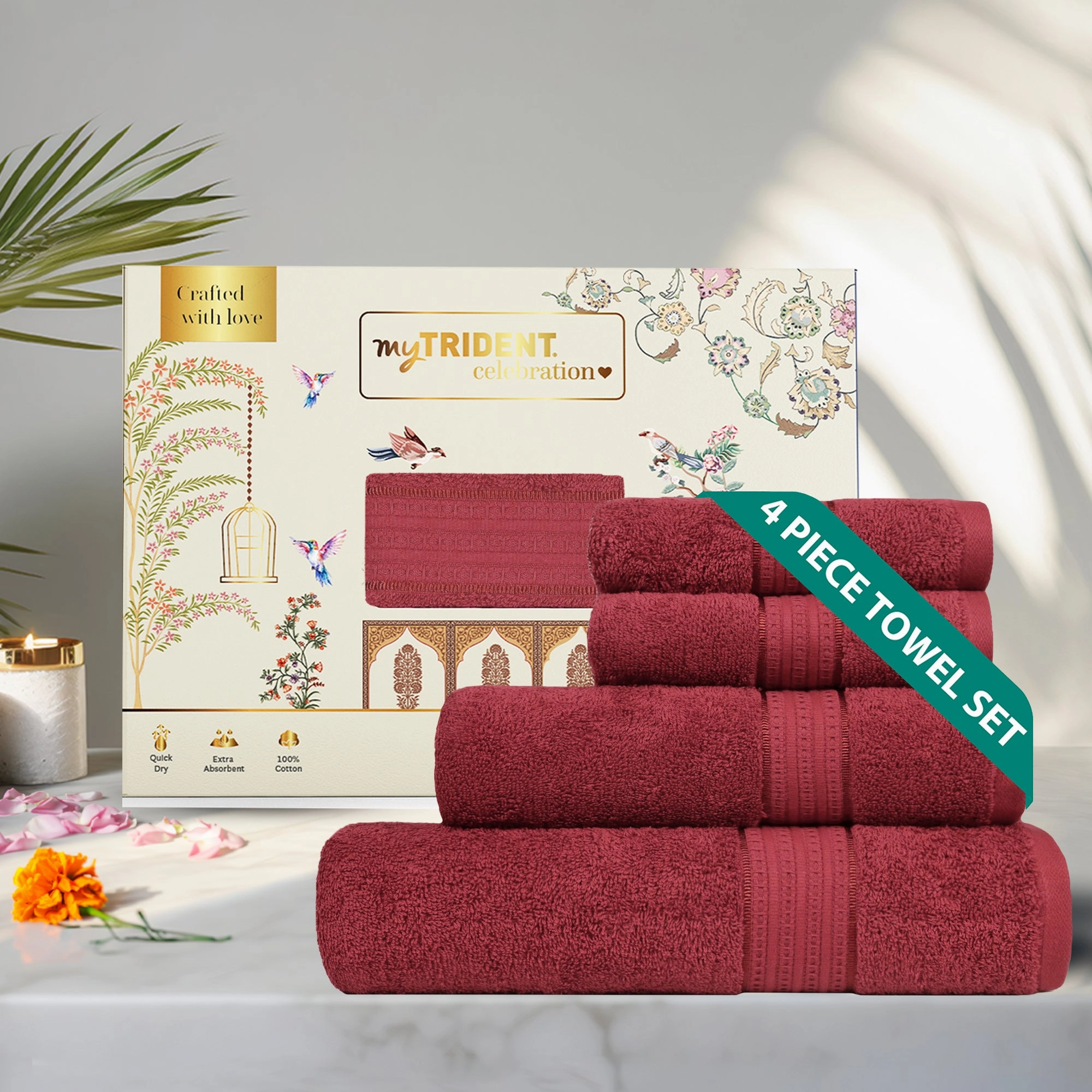 Celebration Red Wine 4Pc Set Towel Gift Set, 450 Gsm, 100% Cotton, Solid