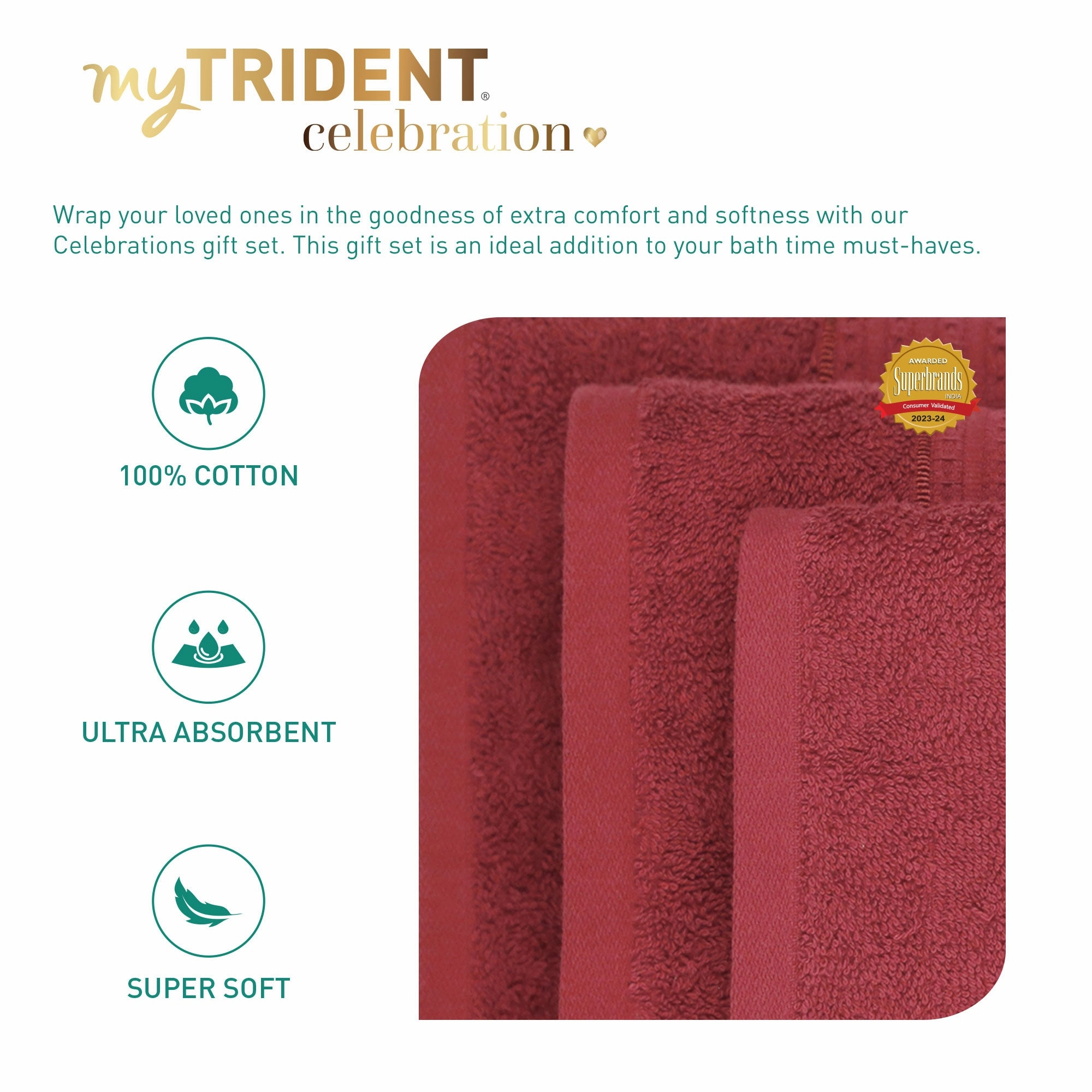 Celebration Red Wine 4Pc Set Towel Gift Set, 450 Gsm, 100% Cotton, Solid
