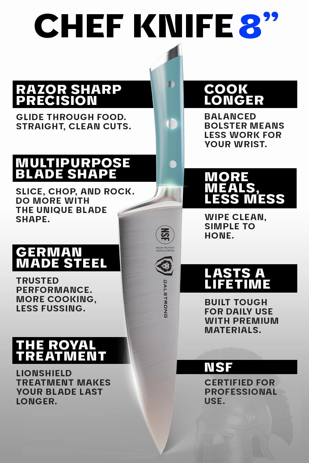 Chef Knife 8" | Aegean Teal Handle | Gladiator Series | NSF Certified | Dalstrong 