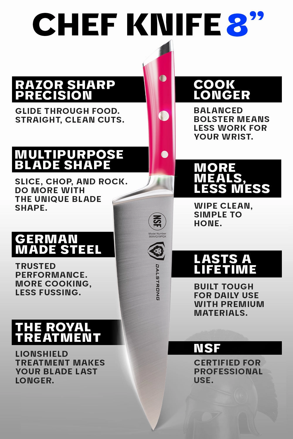 Chef Knife 8" | Fuchsia ABS Handle | Gladiator Series | NSF Certified | Dalstrong 