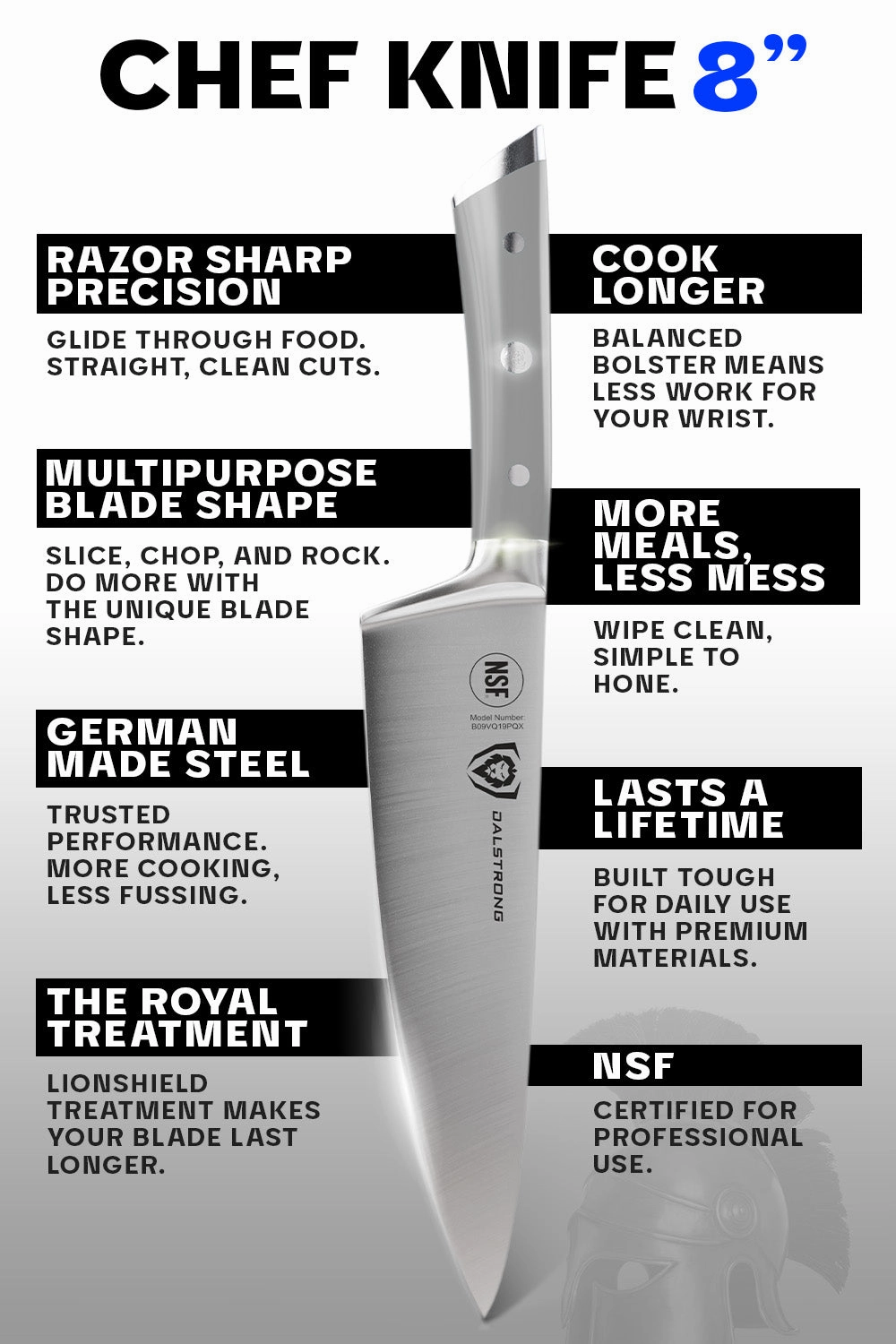 Chef Knife 8" | Grey ABS Handle | Gladiator Series | NSF Certified | Dalstrong 