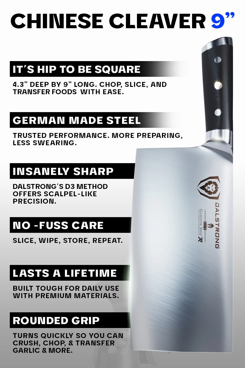 Chinese Cleaver Knife 9" | Gladiator Series | NSF Certified | Dalstrong 