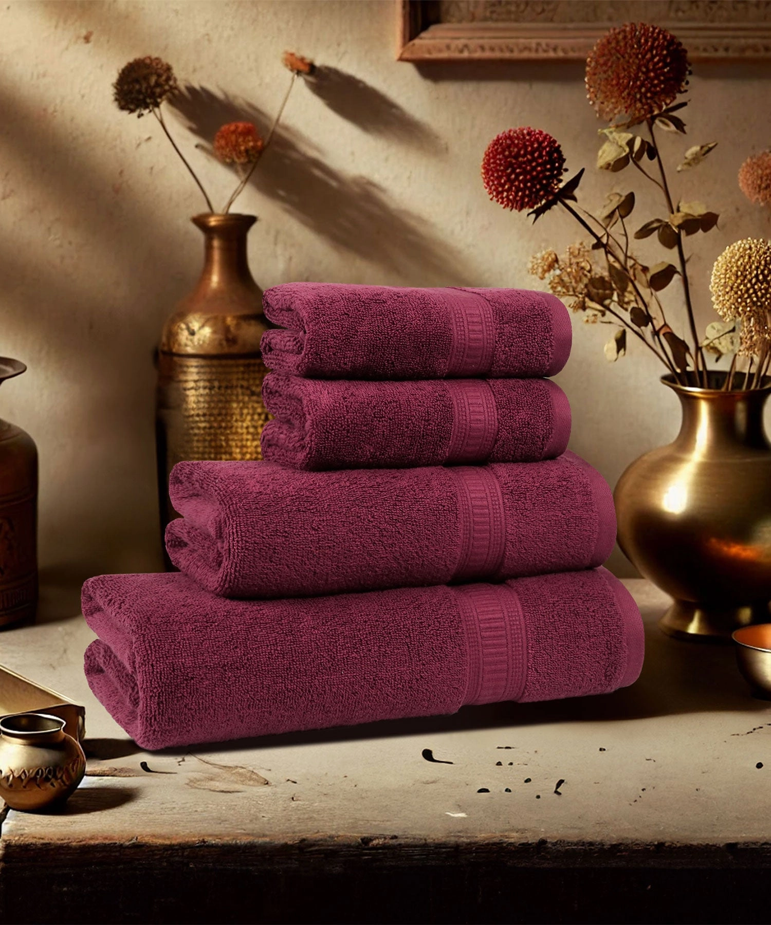 Classic Kasturi 4pc Towel Set, 100% cotton, 509 GSM, Fig wine