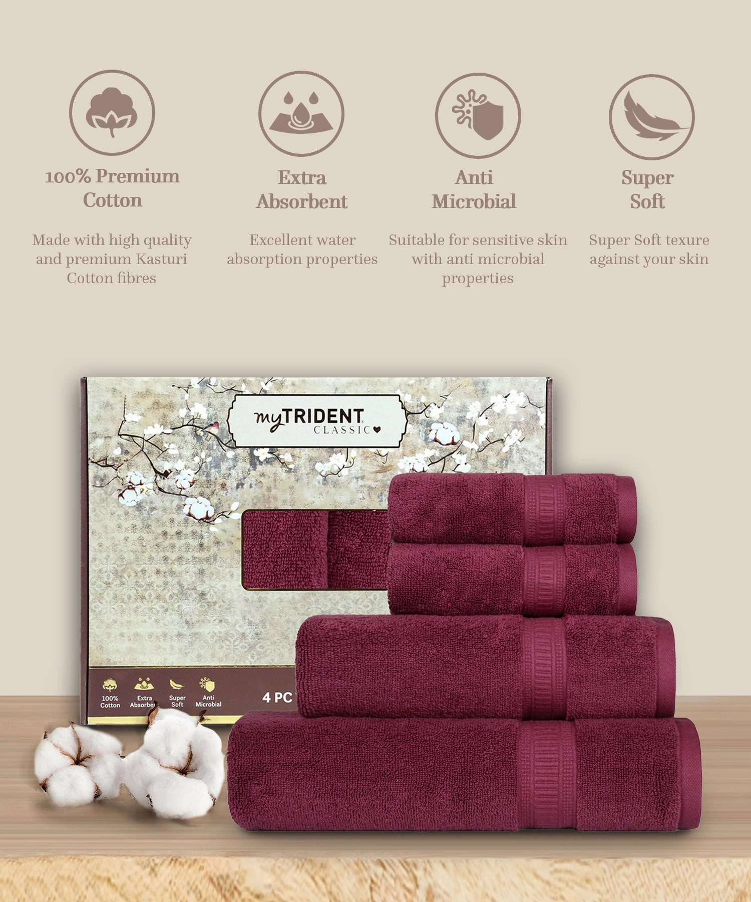 Classic Kasturi 4pc Towel Set, 100% cotton, 509 GSM, Fig wine