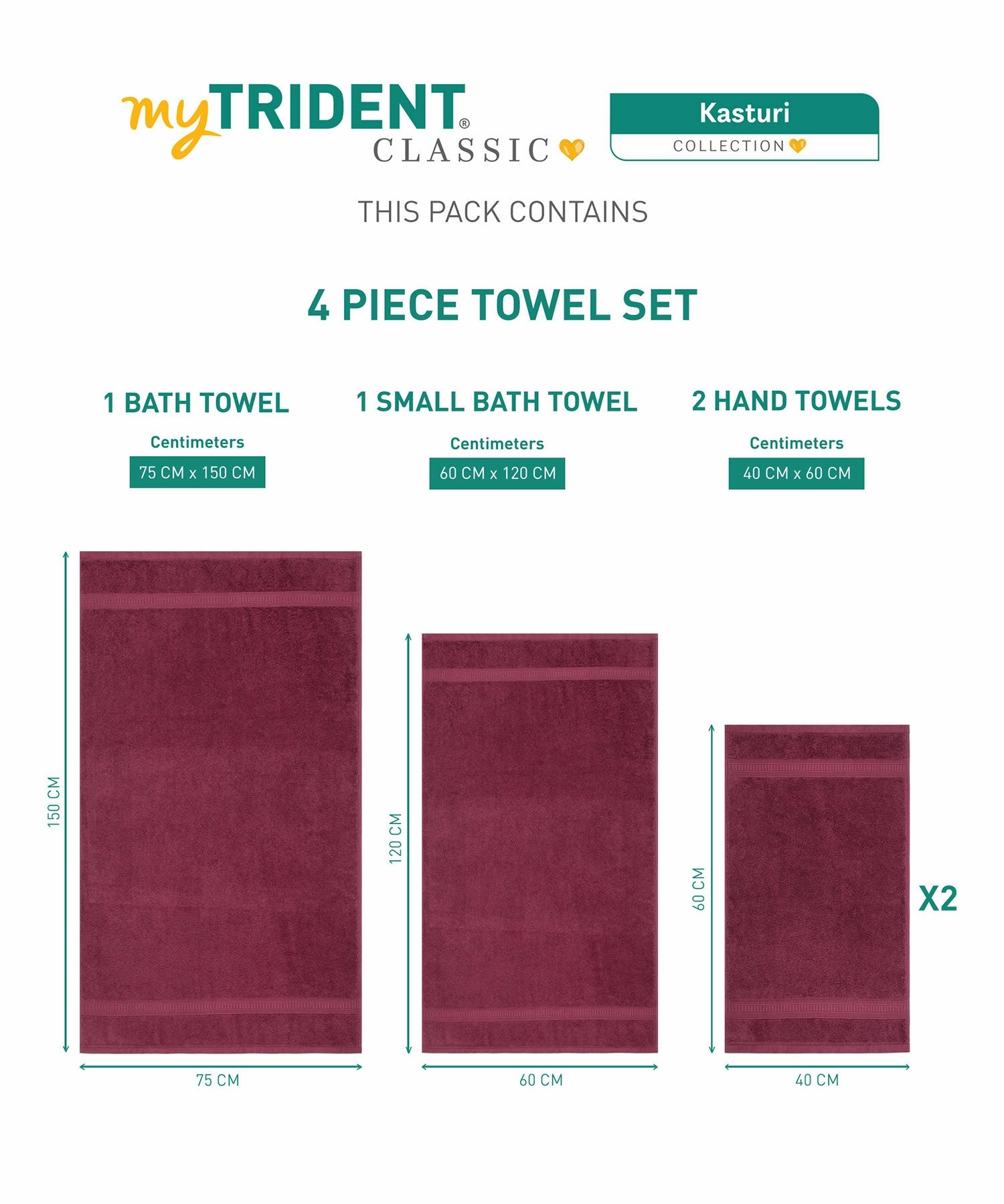 Classic Kasturi 4pc Towel Set, 100% cotton, 509 GSM, Fig wine