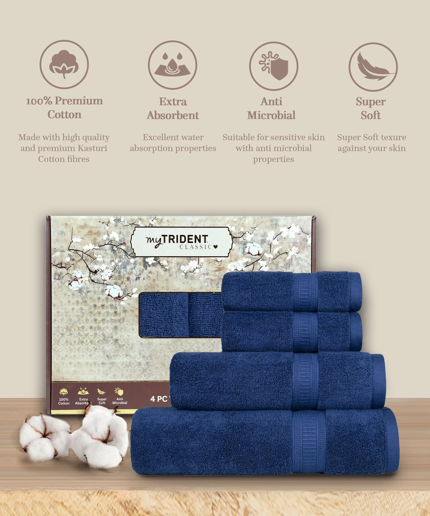 Classic Kasturi 4pc Towel Set, 100% cotton, 509 GSM, Medieval Blue