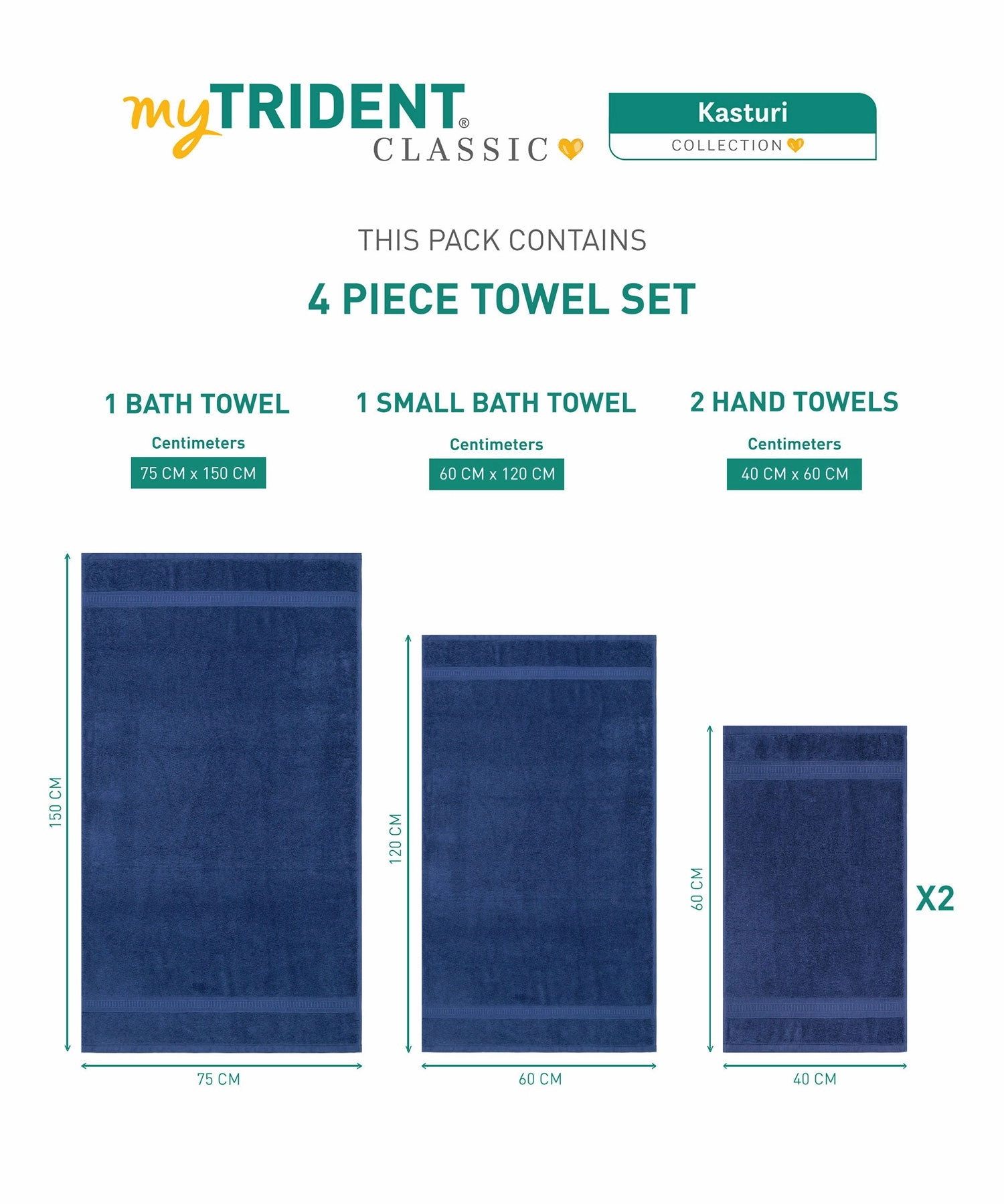 Classic Kasturi 4pc Towel Set, 100% cotton, 509 GSM, Medieval Blue