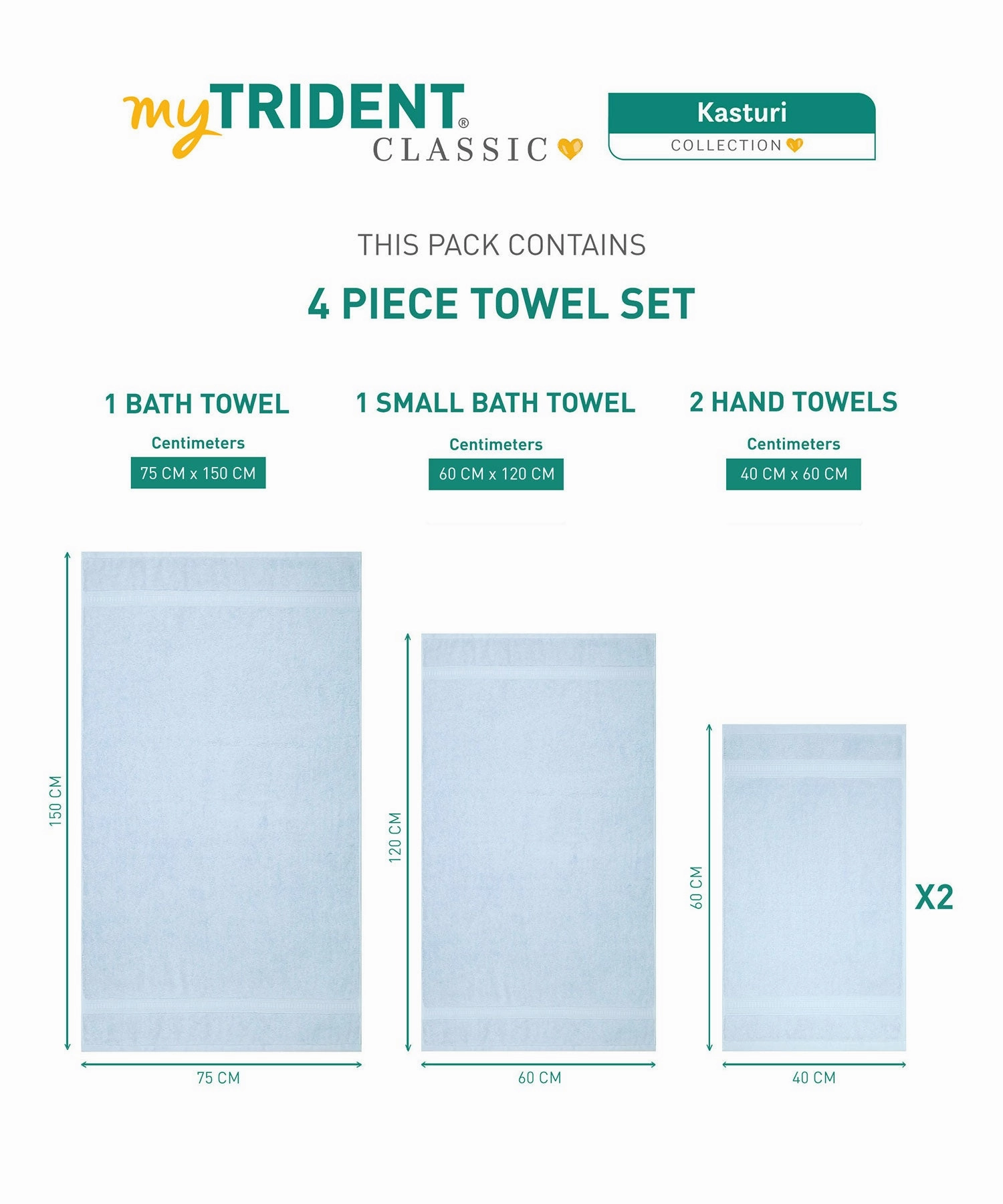 Classic Kasturi 4pc Towel Set, 100% cotton, 509 GSM, Pure Aqua