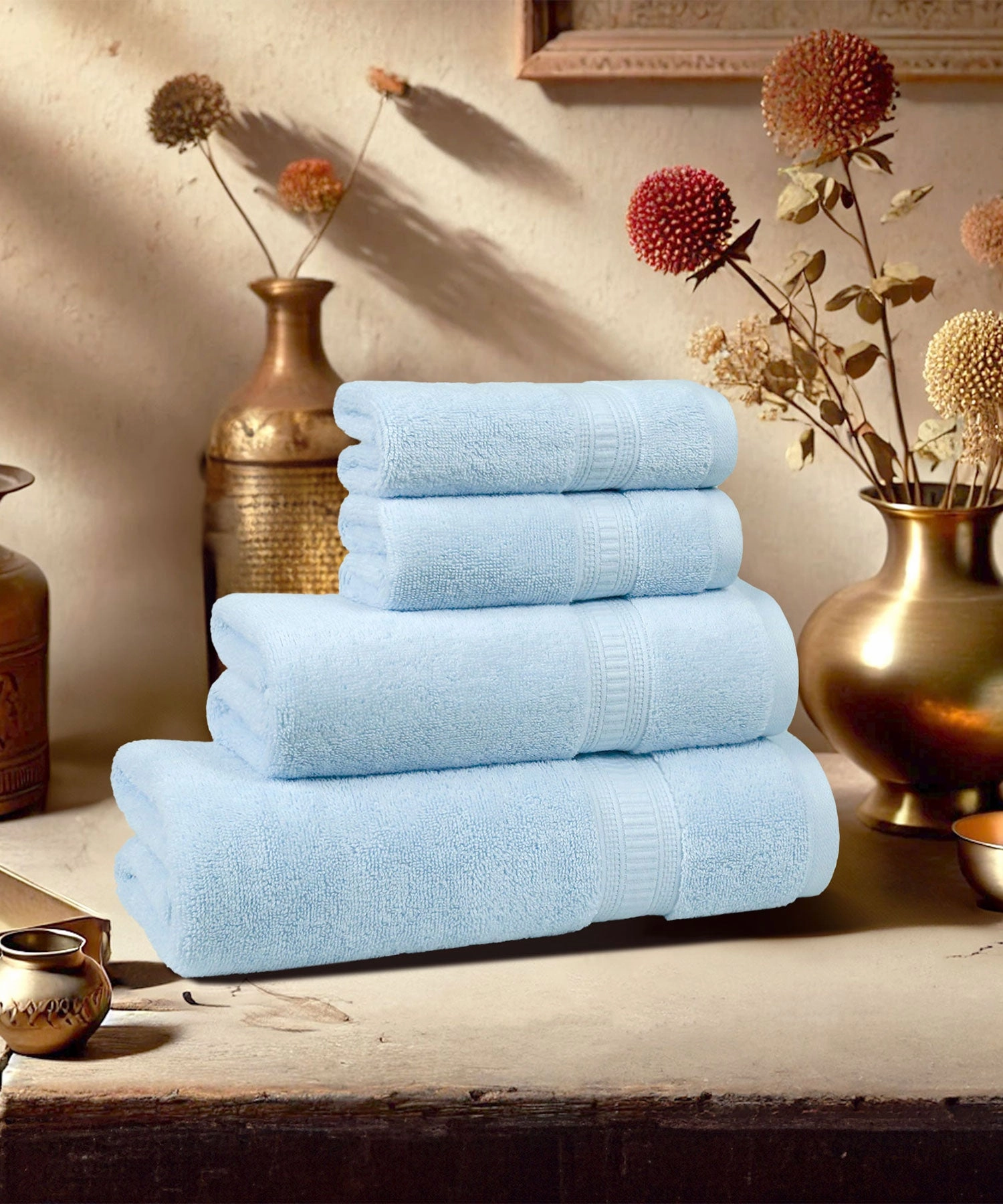 Classic Kasturi 4pc Towel Set, 100% cotton, 509 GSM, Pure Aqua