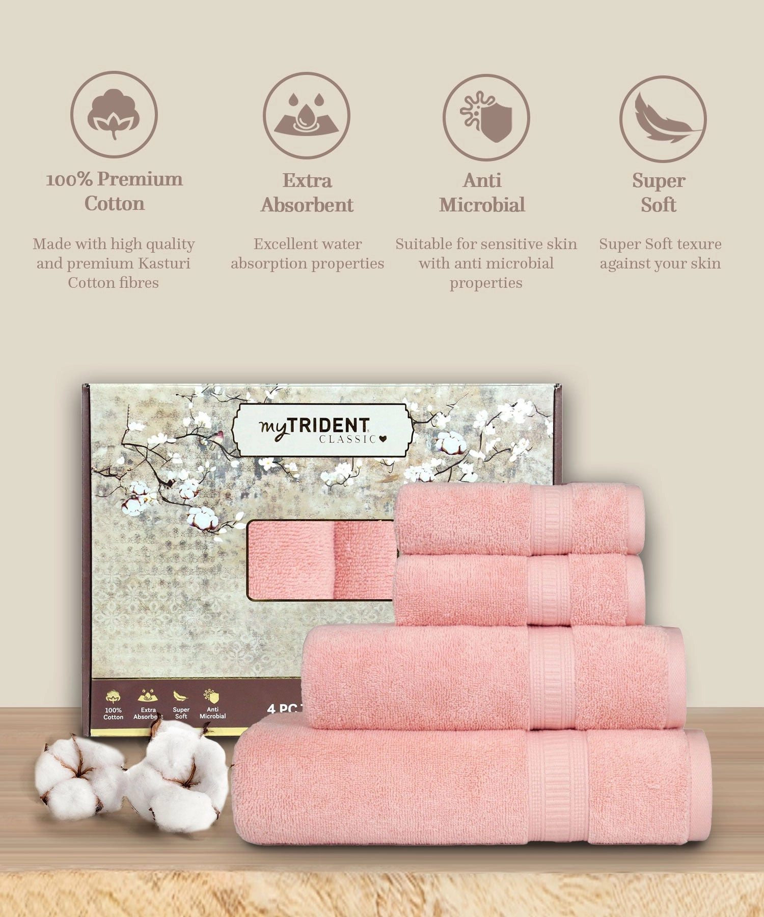 Classic Kasturi 4pc Towel Set, 100% cotton, 509 GSM, Tender Peach