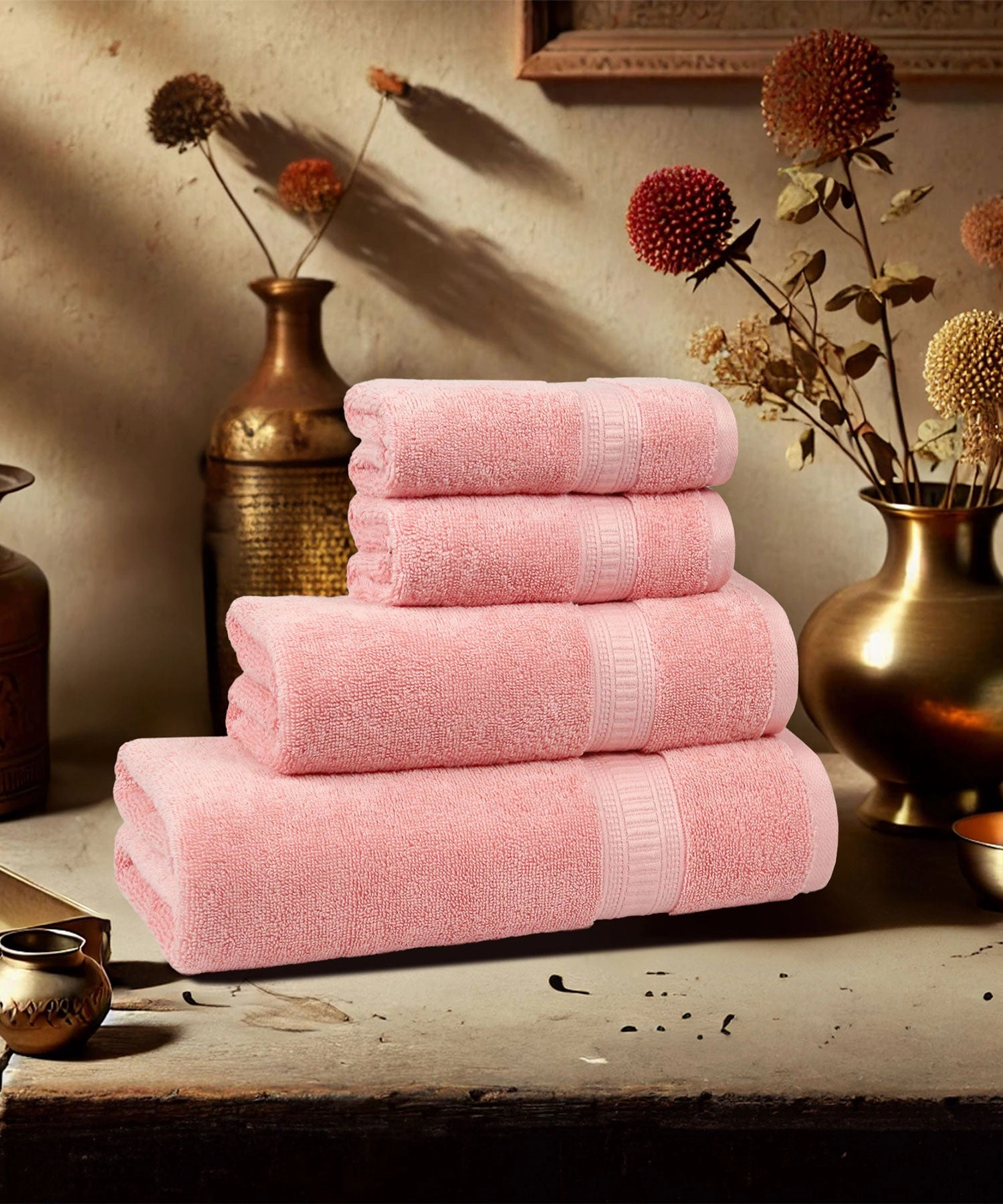 Classic Kasturi 4pc Towel Set, 100% cotton, 509 GSM, Tender Peach bath towels,soft towels,bathroom textiles